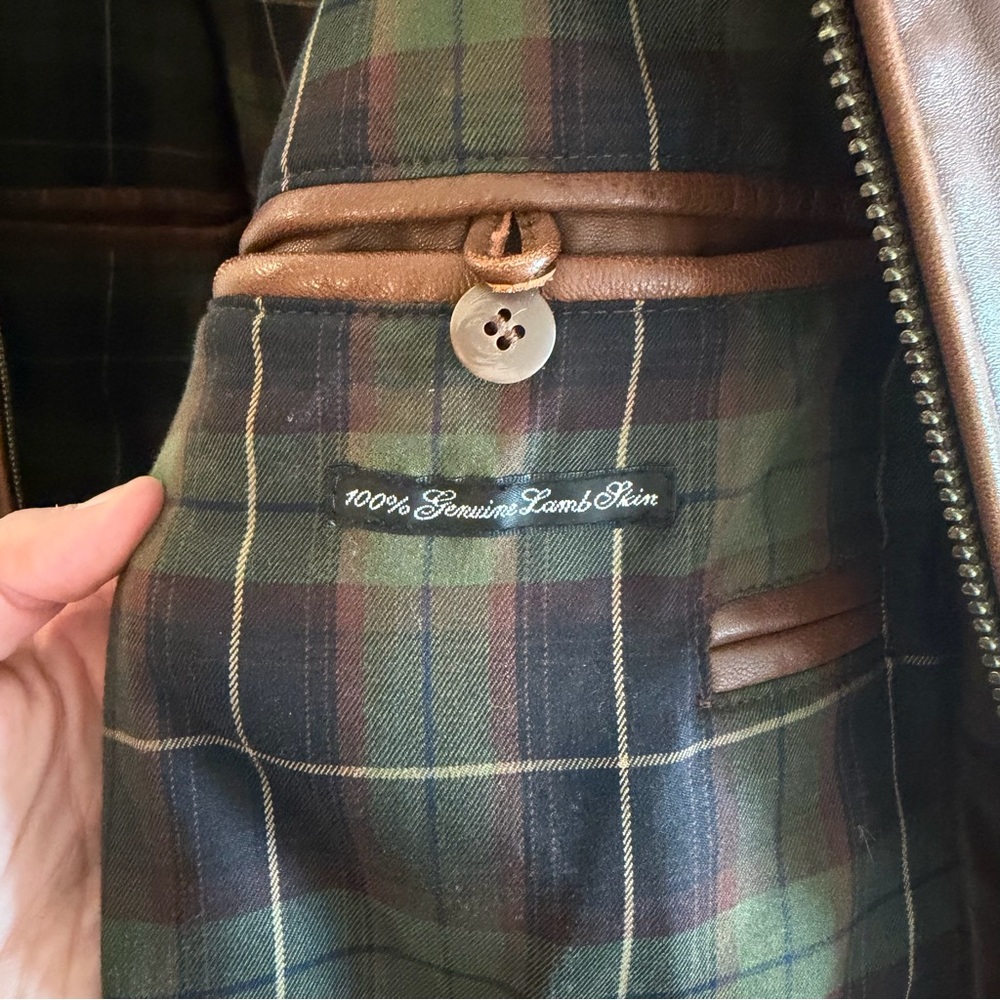 Vtg Roundtree & Yorke Brown Lambskin Leather Bomber Jacket Lg Plaid Lined Zip - Picture 3 of 16